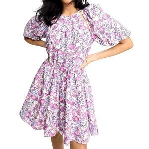 French Connection XL Floral Cotton Fontini Mini Dress Pink Cutout Puff Sleeves